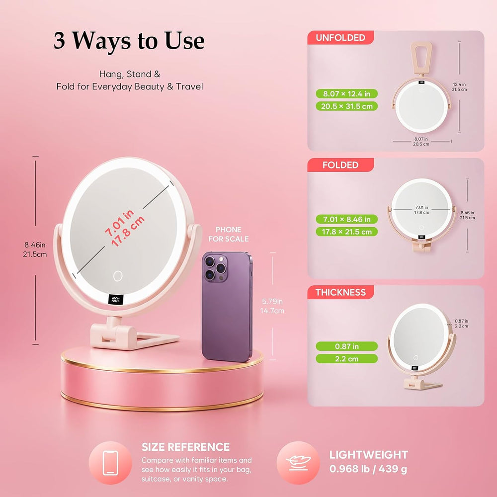 1X/30X Makeup Mirror with Lights, Magnifying Mirror (Pink)