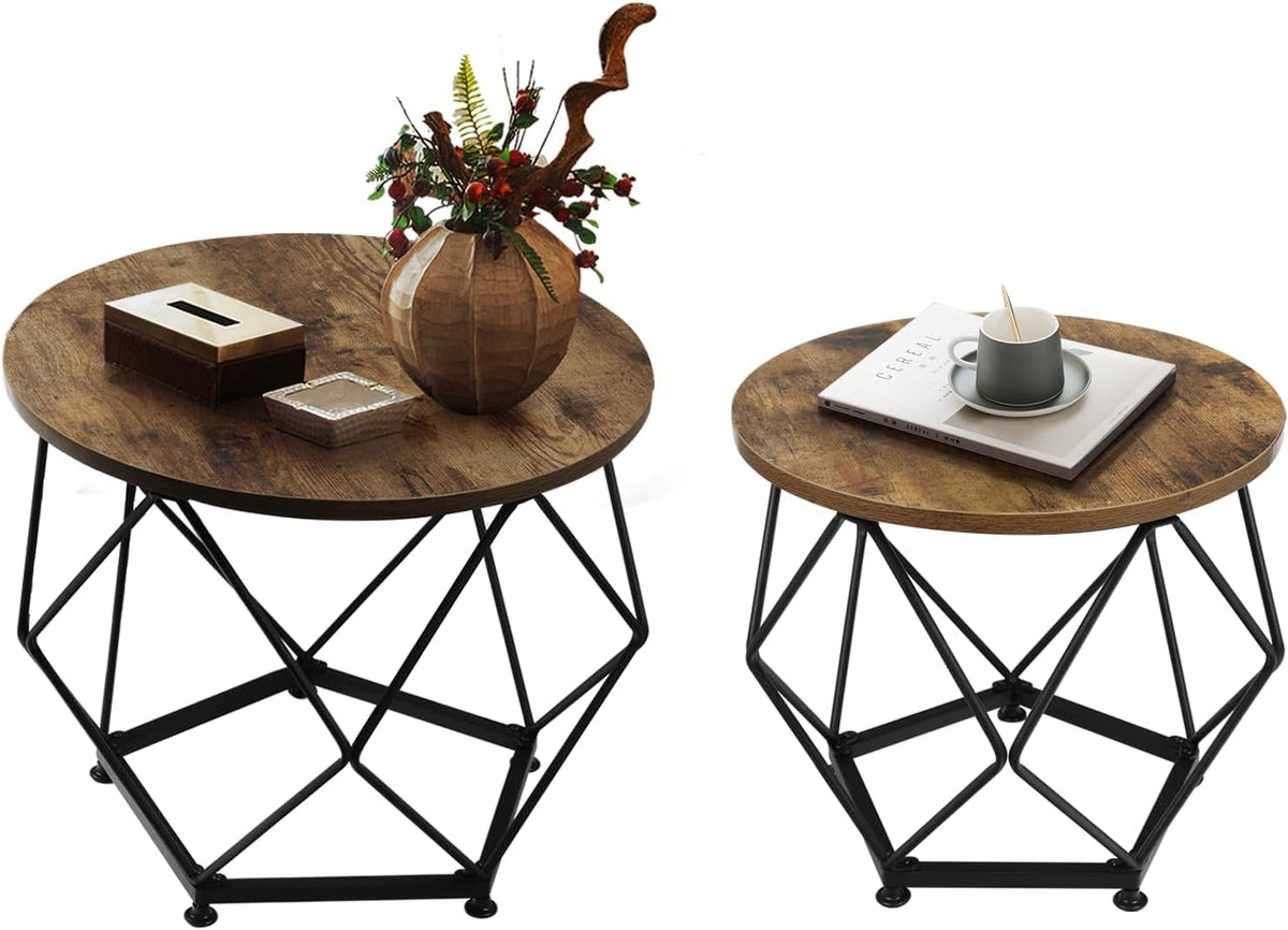 Small Coffee Table, Round End Table Set of 2 with Wooden Table and Metal Frame, Modern Side Table, Coffee Tables for Living Room, Bedroom, Home Office, Farmhouse, Rustic Brown and Black
