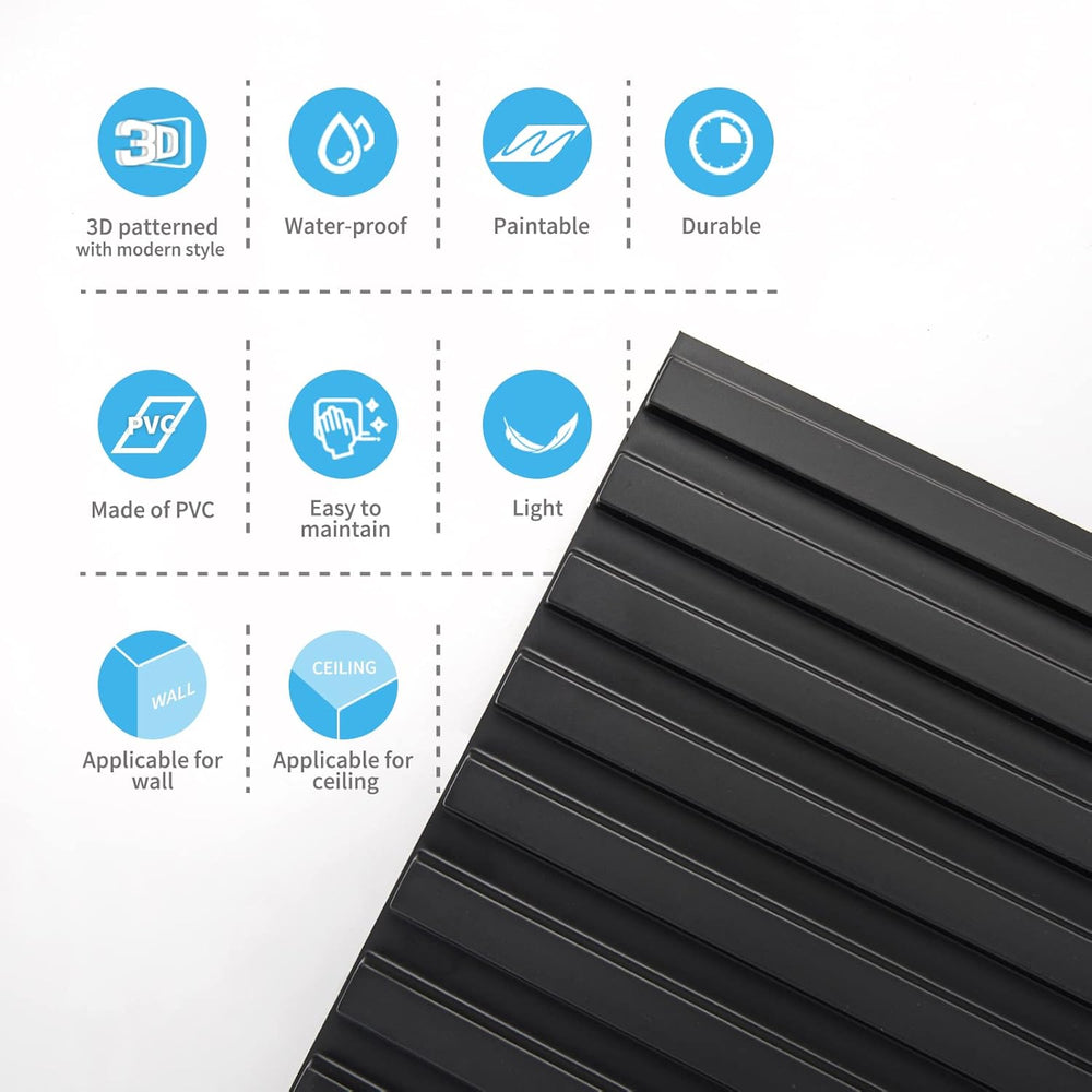 Art3d 3D Fluted Textured Slat Wall Panels, 19.7 x 19.7 in, 12-Pack, Black