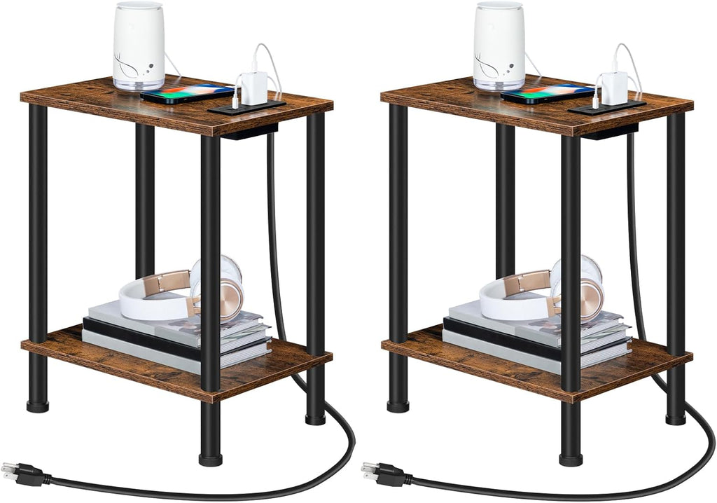 HOOBRO Side Table with Charging Station, Set of 2 End Tables with USB Port and Outlets, Nightstand with 2-Layer Storage Shelves for Small Spaces, Living Room, Bedroom, Rustic Brown BF09UBZP201