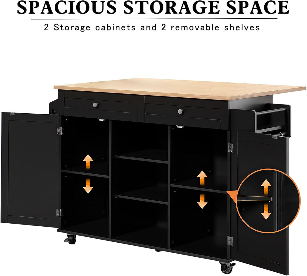 HLR Farmhouse Kitchen Island On Wheels, Black