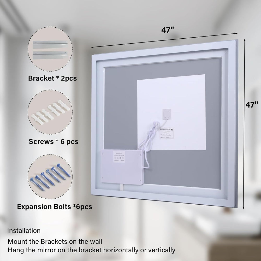 XRAMFY 47"X47" LED Bathroom Mirror, Backlit + Front Lit Wall Mirror