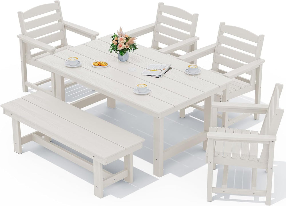 SERWALL Outdoor Dining Set, Patio Dining Set with Bench, White