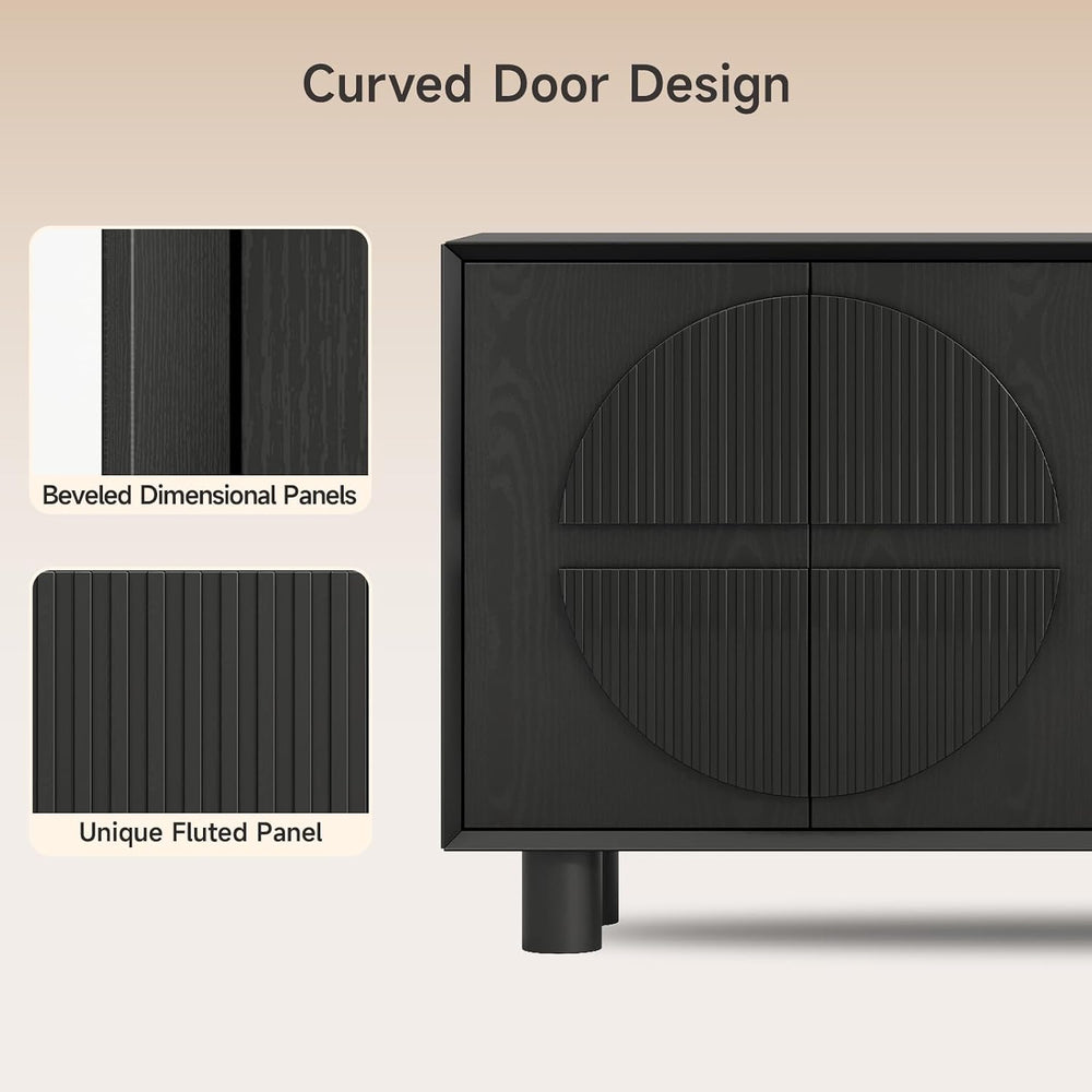 ONBRILL 63 Inch Fluted Buffet Cabinet w/Storage, Push-Spring Doors, Black