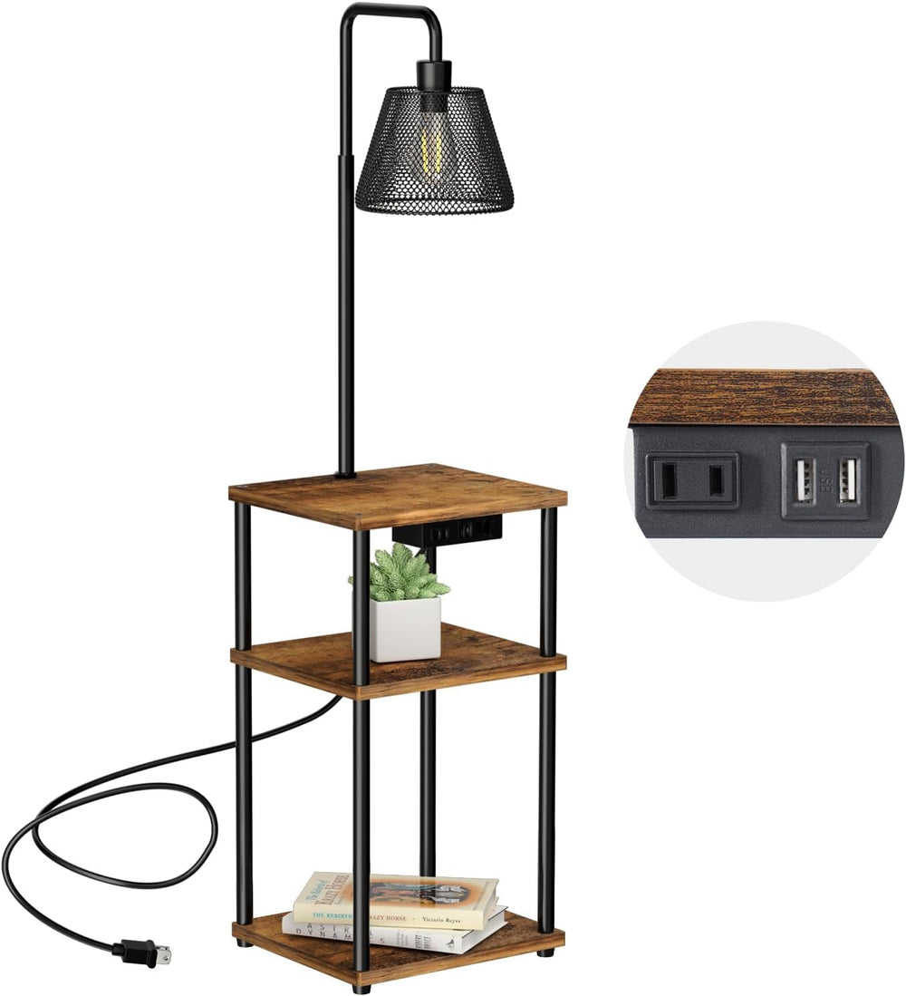 Floor Lamp with Table and Shelves, Side Table with USB Charging Port and Outl...