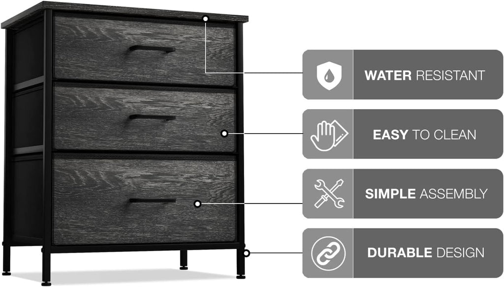 sorbus nightstand for bedroom (3 multi-sized drawers, gray showing dimensions