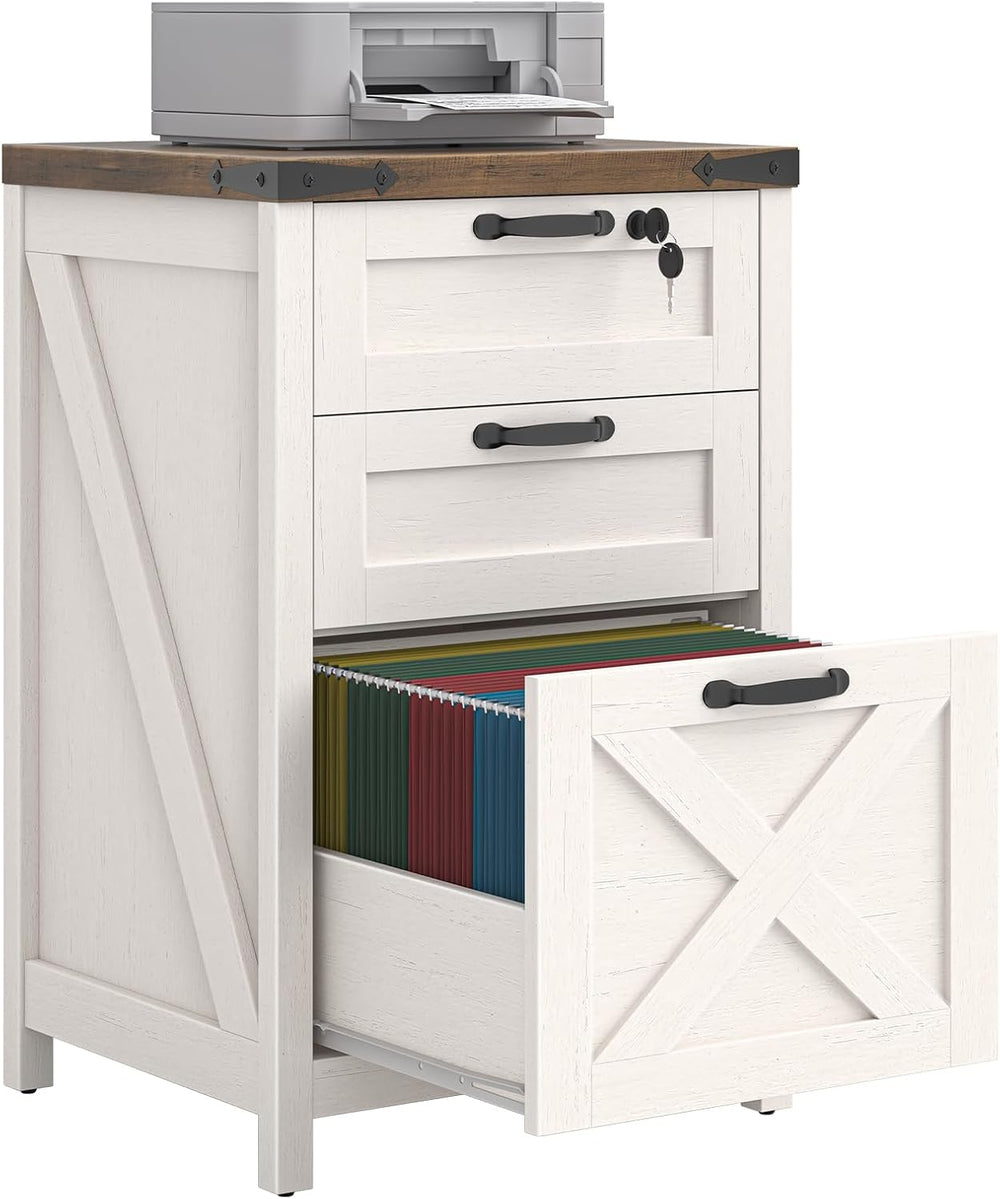 Farmhouse 3 Drawers File Cabinet with Lock for Home Office, Rustic White