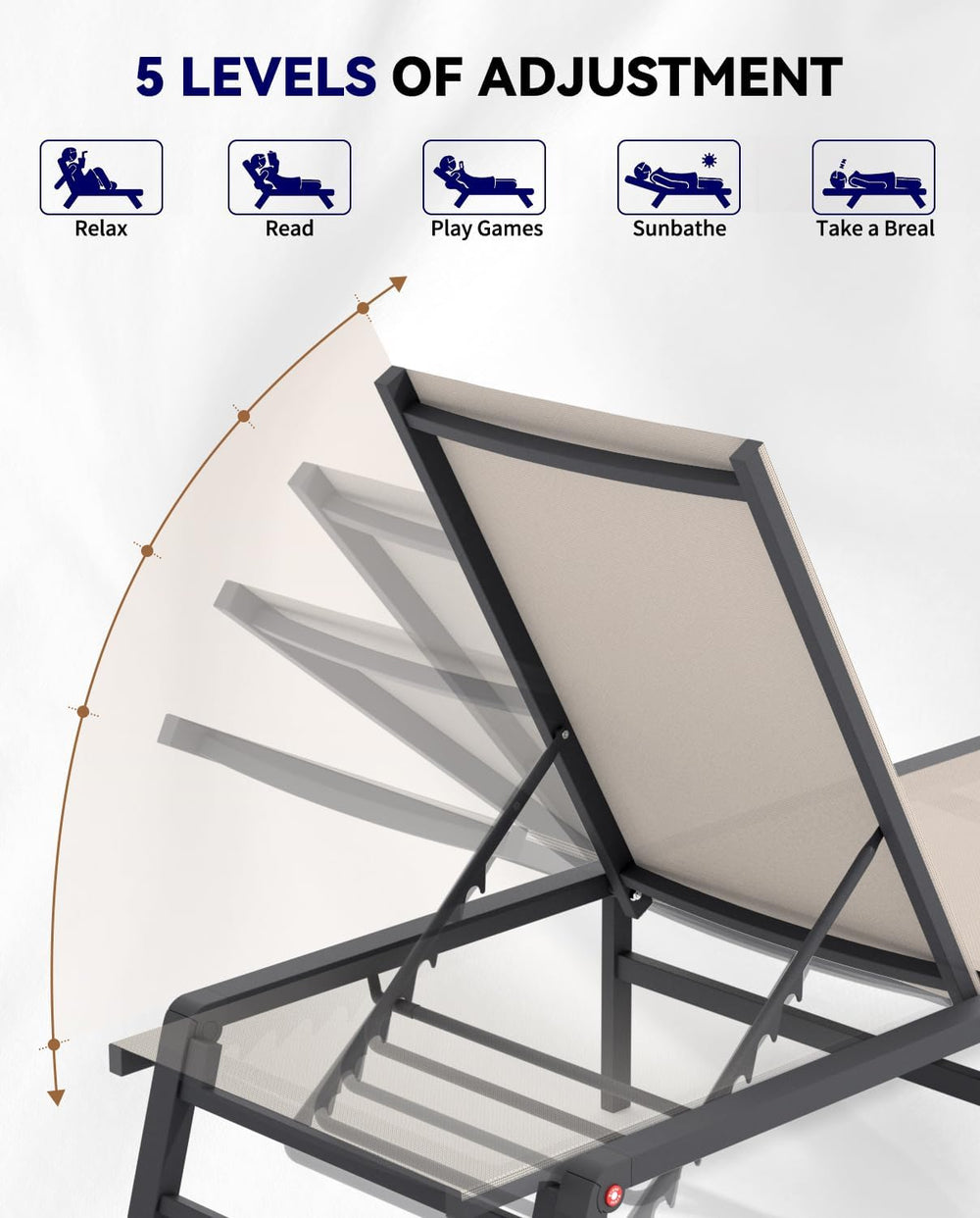 Chaise Lounge Chair Outdoor Aluminum Patio Lounge Chair with 5 Adjustable Pos...