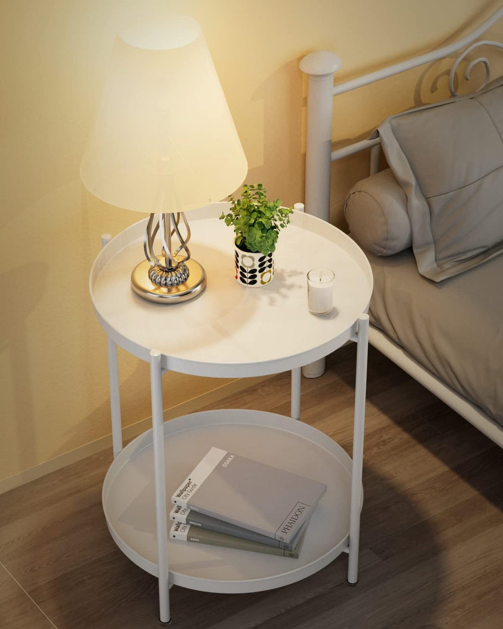 EKNITEY 2 Tier End Table - Metal Side Table with Removable Tray (White)