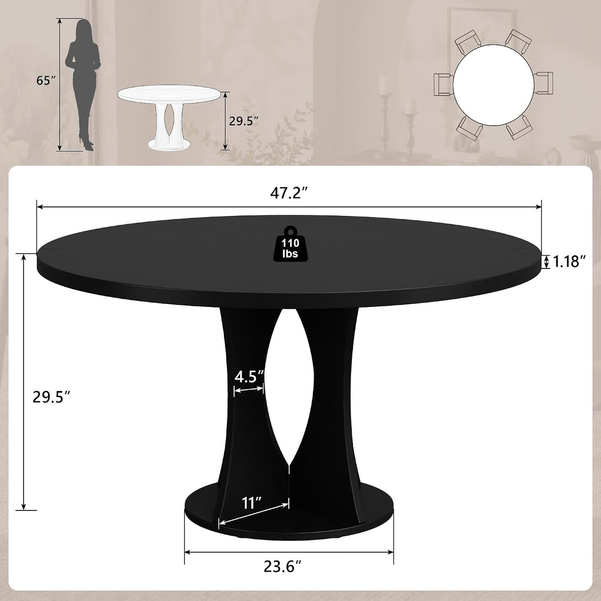 Einhomn 47.2-inch Round Dining Table, Kitchen Table for 4-6, Farmhouse Circle Dining Room Table, Space Saving Wood Kitchen & Dining Room Furniture, Black