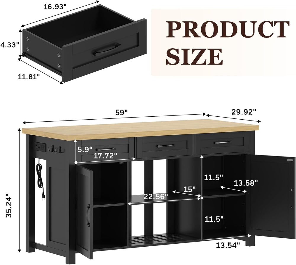 knoworld 60" Kitchen Island with Storage for Kitchen Dining Room, Black