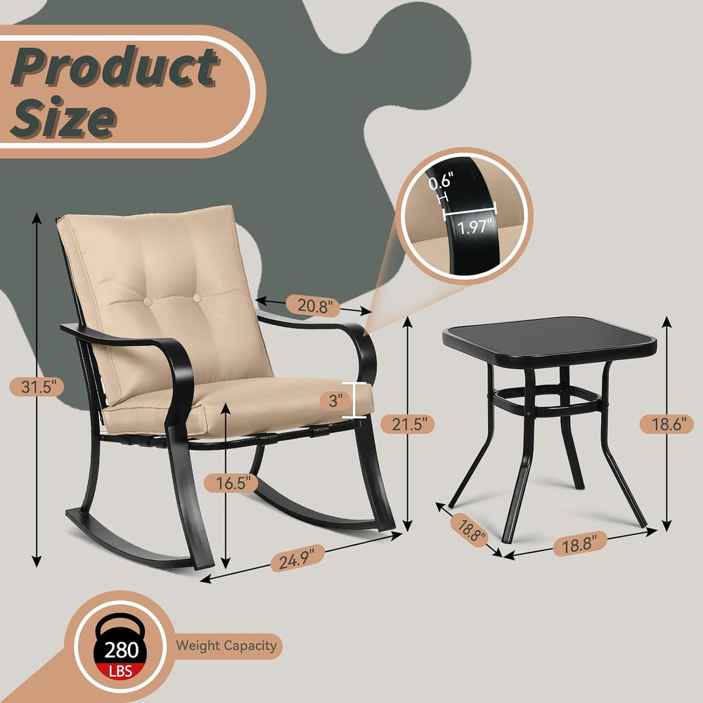 3-Piece Outdoor Rocking Chairs Bistro Sets Patio Furniture Set, Glass-Top Cof...