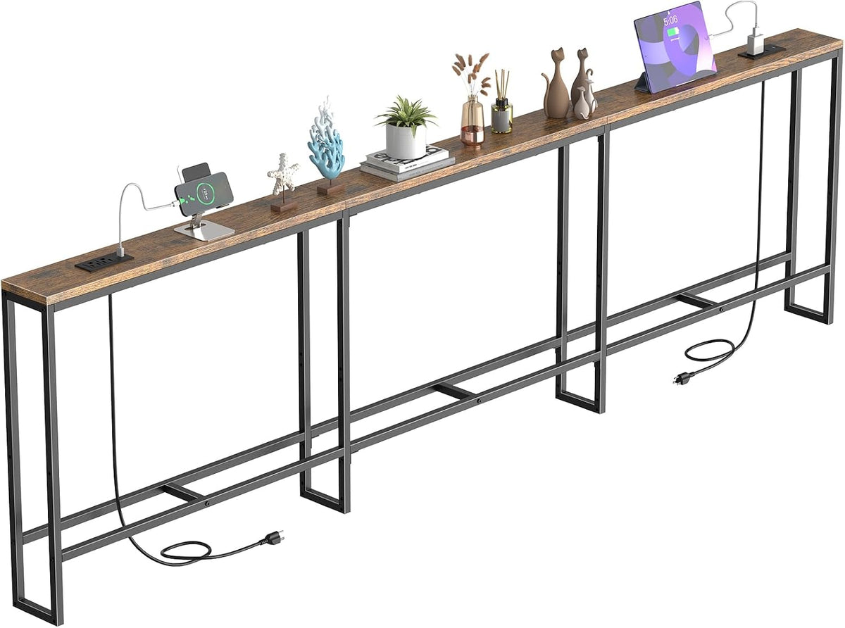 102 in Narrow Behind Couch Table with 2 Power Outlets,Rustic Brown | 2 USB-C Ports ,Sofa Tables Narrow Long ,Small Space Furniture ,Slim Console Table for Entryway & Small Spaces