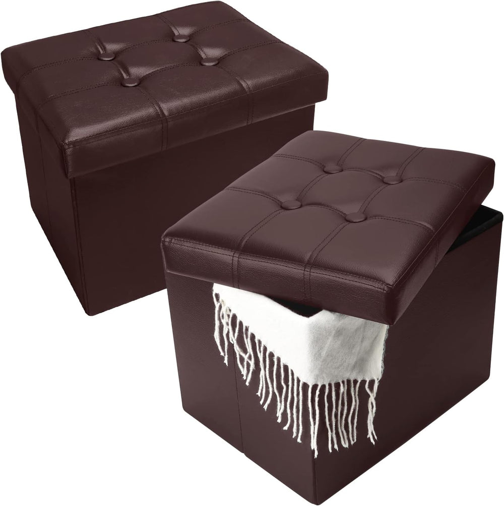 Bsketa Storage Ottoman Bench, 17" Folding Leather Foot Rest, Brown 2 Pack