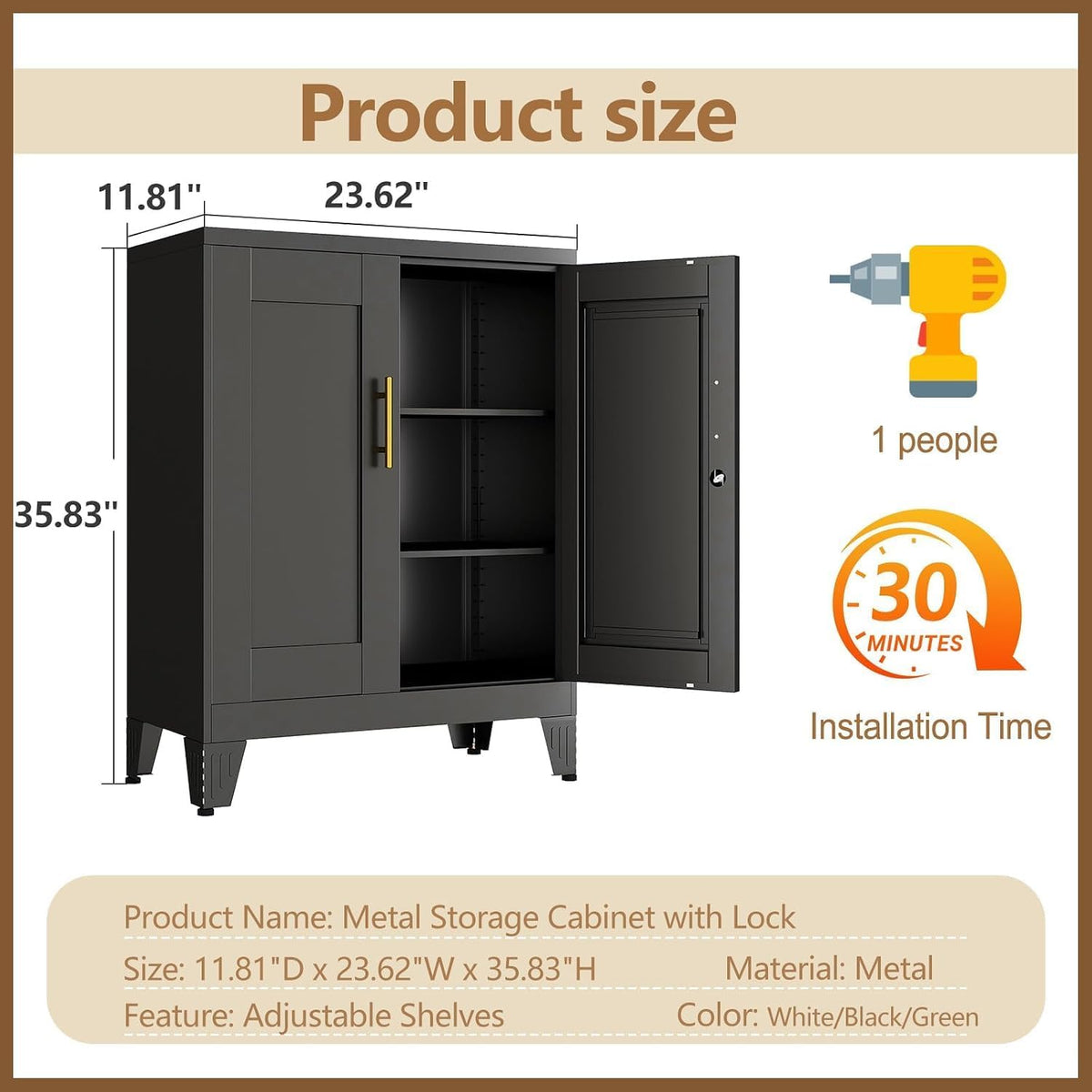 GAIOUS 36" Metal Office File Cabinet, Black Locked Garage Storage Cabinets