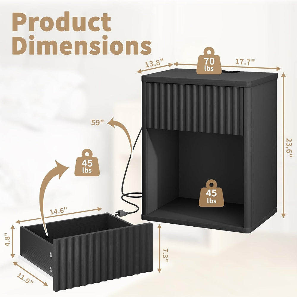 Fluted Black Nightstands Set of 2 w/Charging Station, Wooden End Table Bed Si...