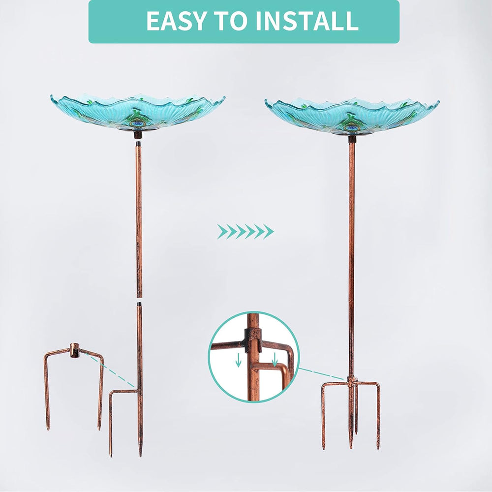 MUMTOP Glass Bird Bath, Garden Outdoor Birdfeeder with Metal Stake, Peacock
