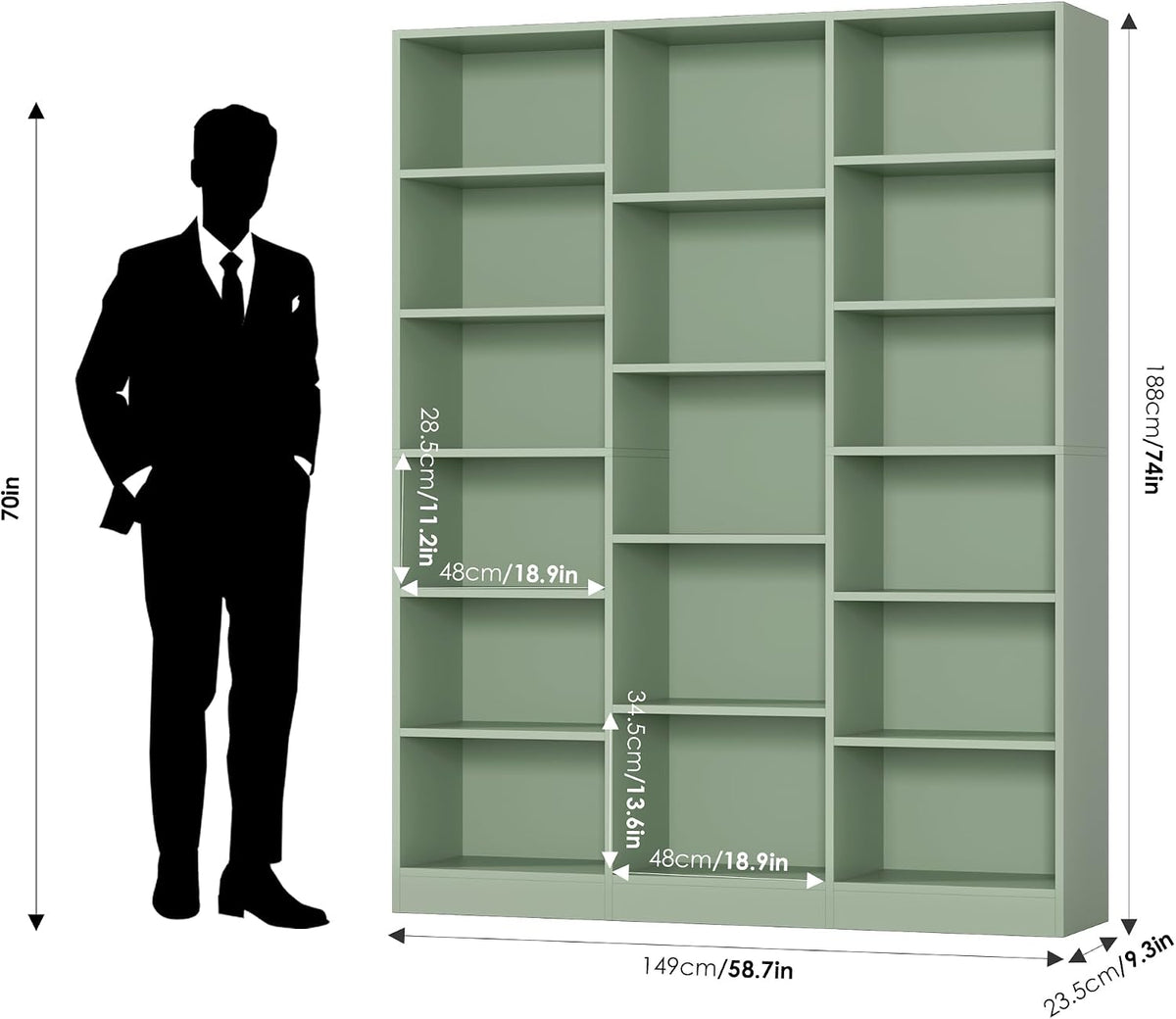 facbotall triple wide bookshelf, large bookshelf with 17, close-up detail