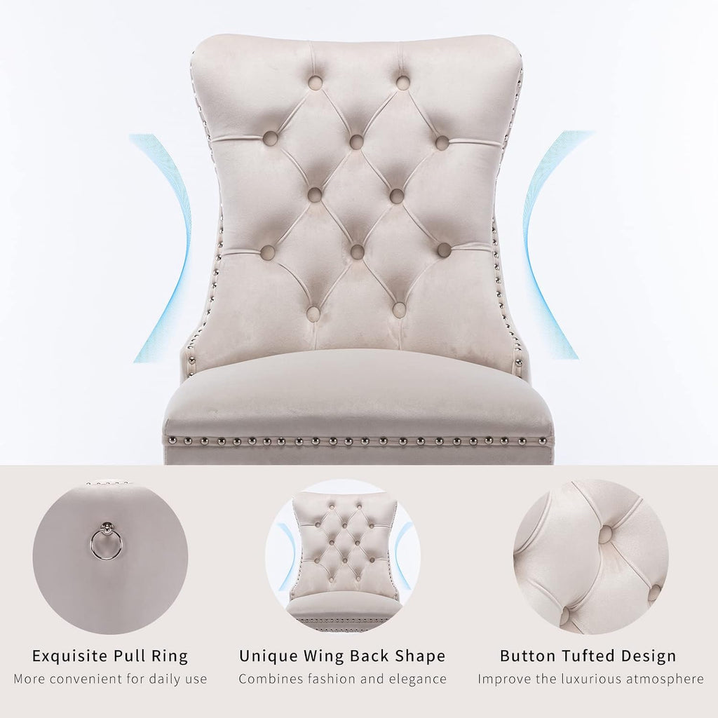 beige velvet dining chairs set of 2, tufted showing dimensions