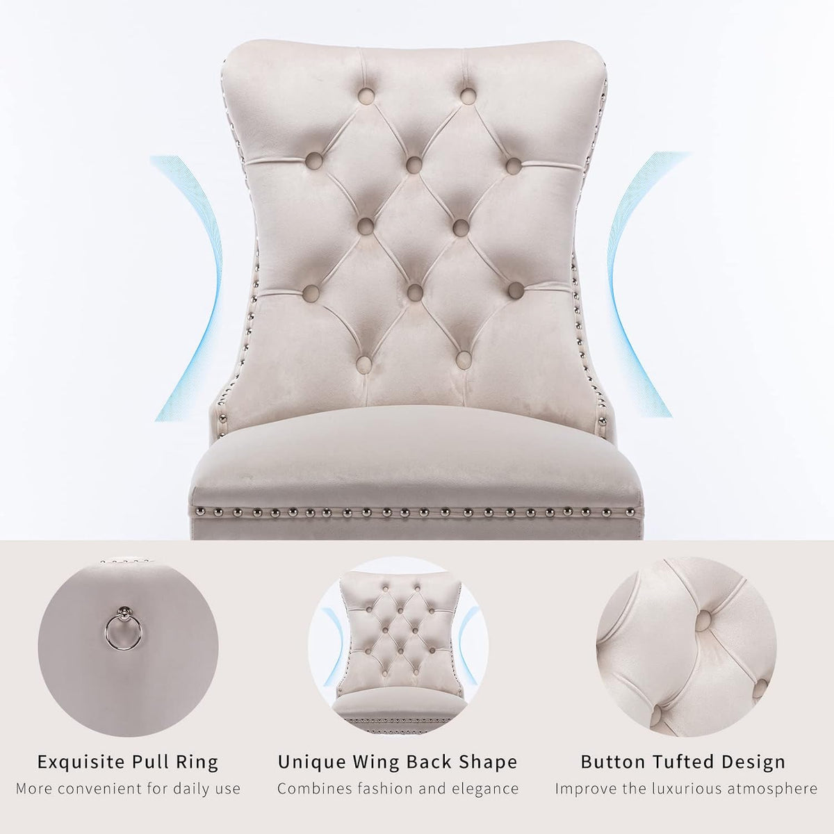 beige velvet dining chairs set of 2, tufted showing dimensions