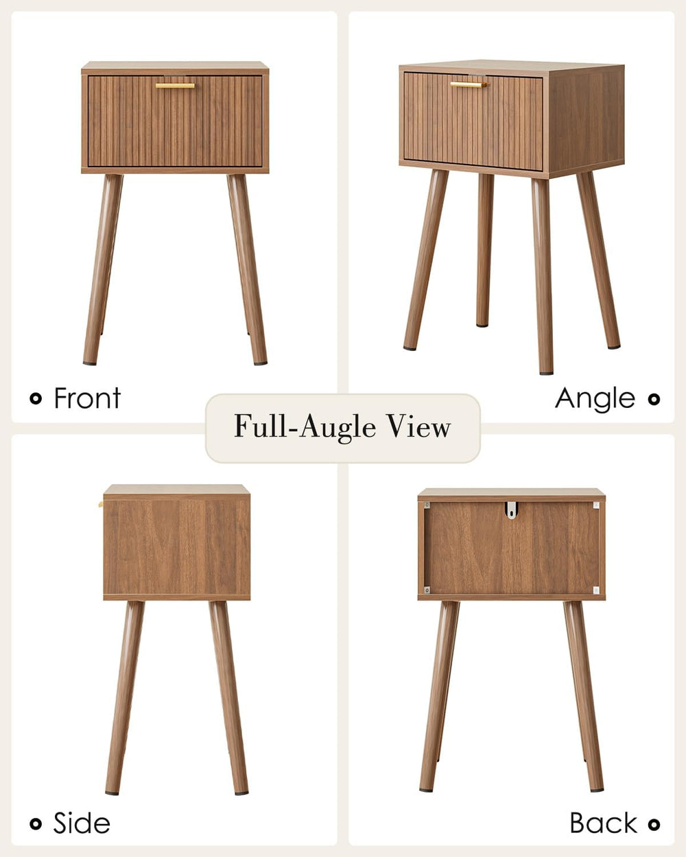 Night Stand Set 2, Modern Nightstand with Fluted Doors, Walnut