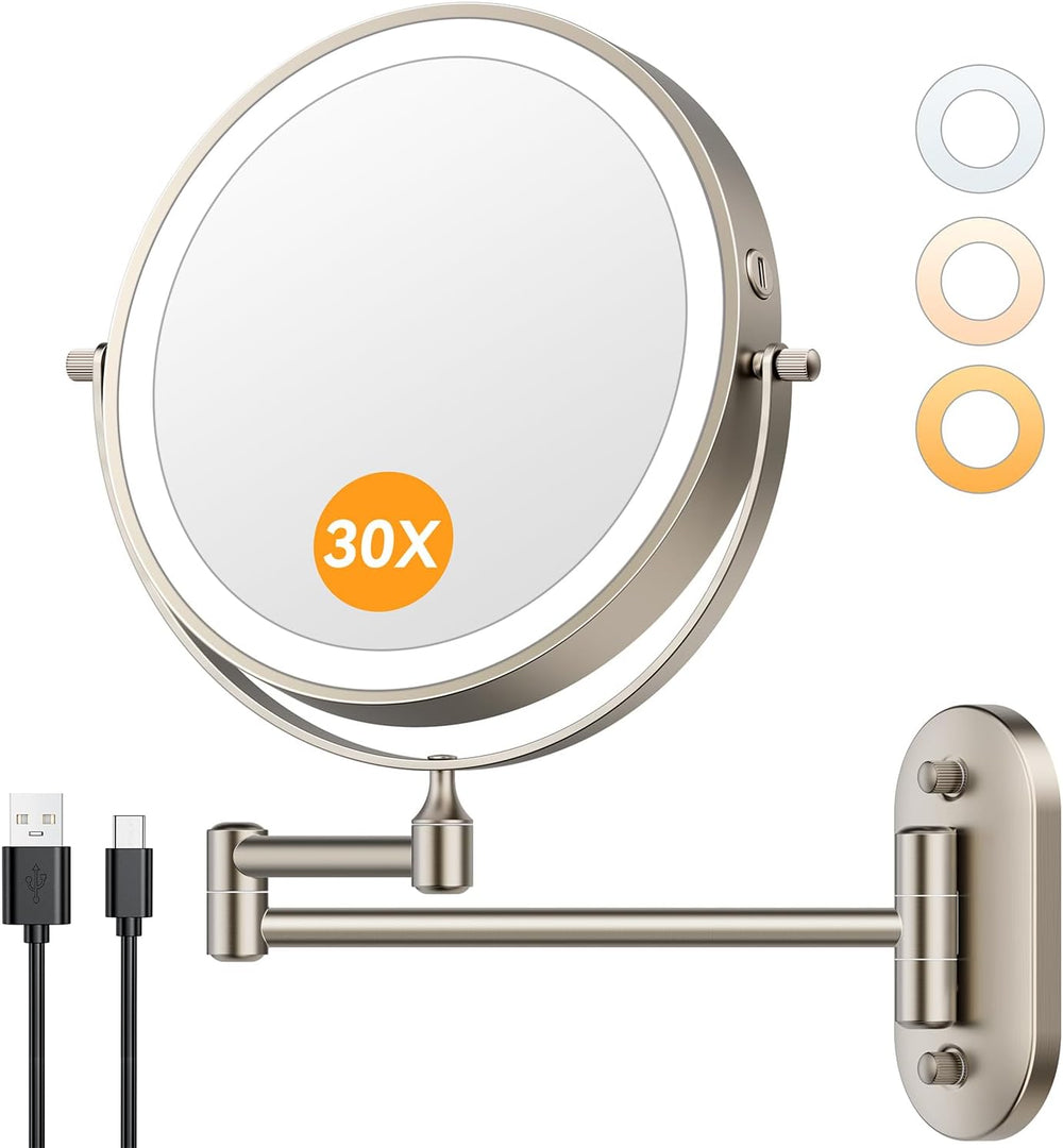Auxmir 1X/30X Wall Mounted Makeup Mirror, 8" Rechargeable Magnifying Mirror