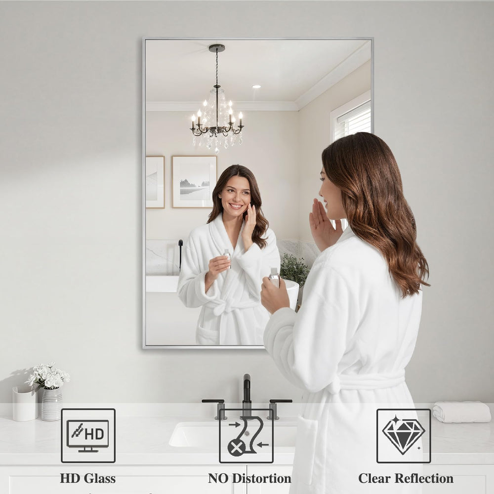 Koonmi Silver Rectangle Wall Mirror, 26x38 Inch Bathroom Mirror, Aluminum Fra...