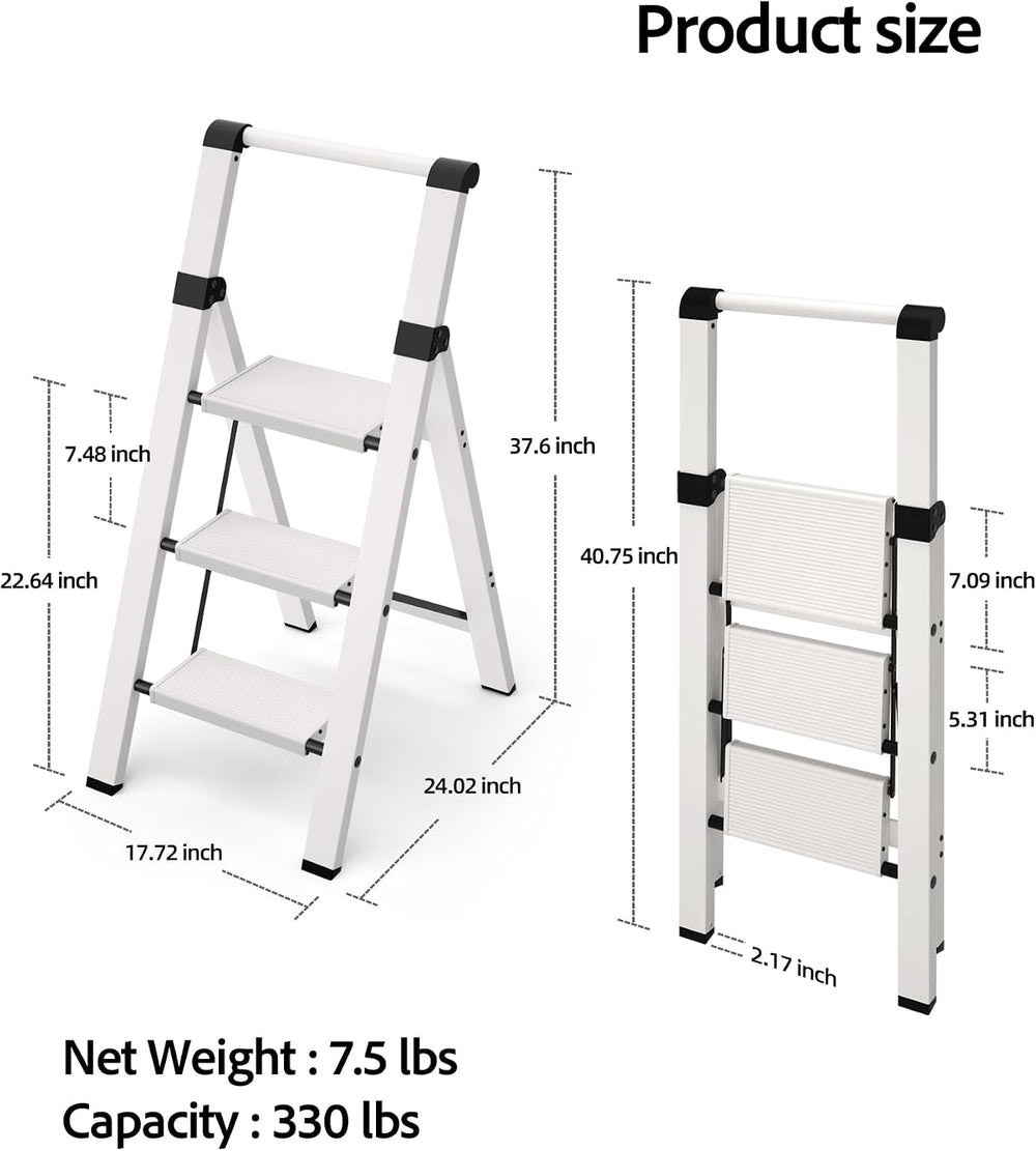 Taranta 3 Step Ladder,Lightweight Aluminum Step Stool Foldable -White