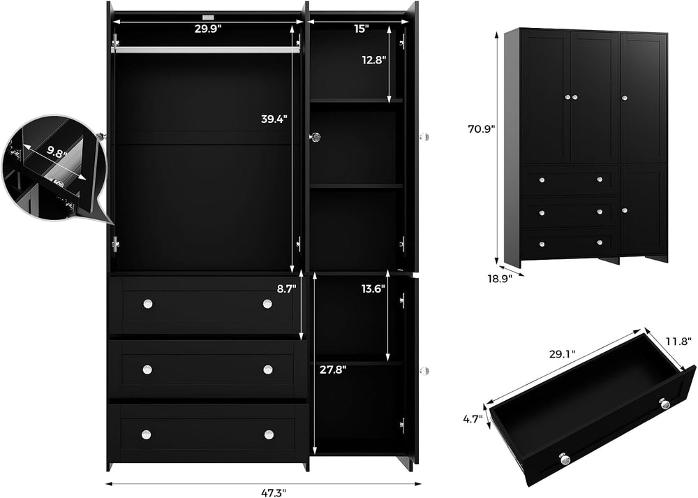 VOWNER 71"H Armoire Wardrobe Closet with 3 Drawers and Mirror