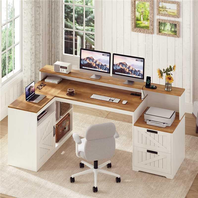 63" Farmhouse L Shaped Desk with Drawers and Printer Stand for Home Office