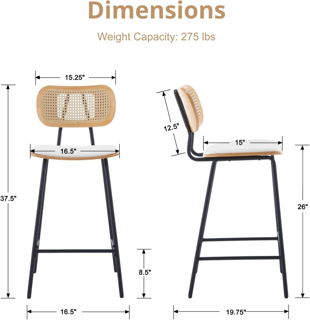 HEAH-YO Rattan Counter Stools Set of 2, 26 Inches Counter Height Bar Stools with Rattan Back and Metal Legs, Faux Leather Kitchen Stools for Island, PU White