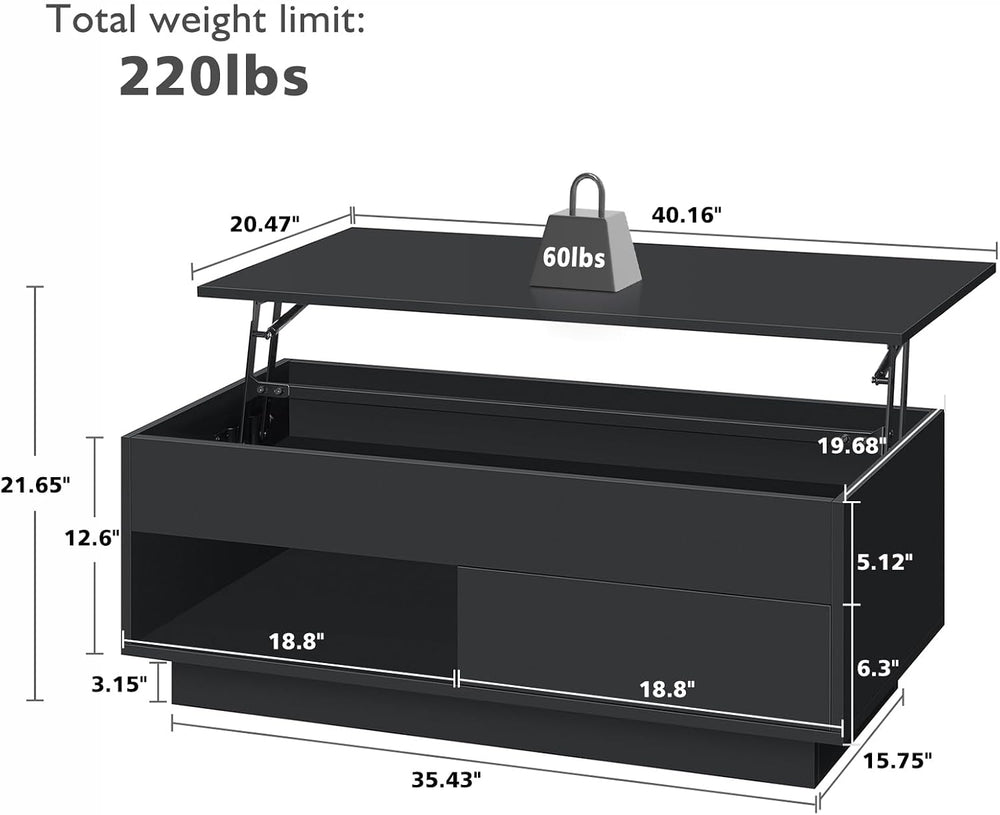 HOMMPA 40" Lift Top Coffee Table with Storage LED Coffee Table Morden Hi...