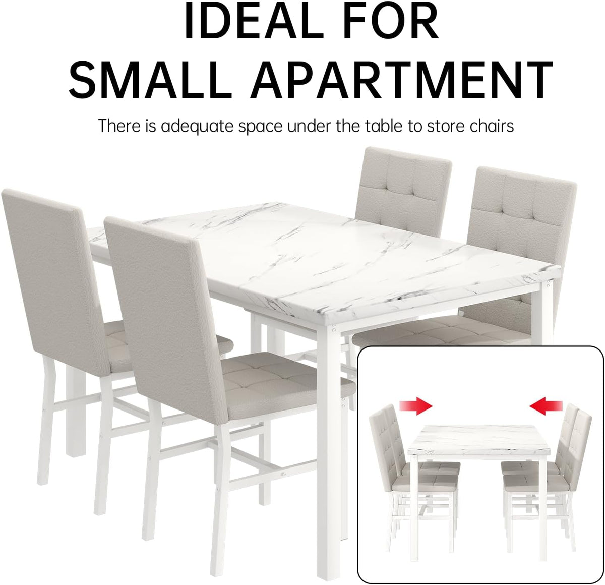 Hooseng Dining Room Table Set 5 Piece Dining Table Set Marble Dining Table 4 Chair Dining Table Set for Kitchen Living Room Breakfast Small Spaces (White)