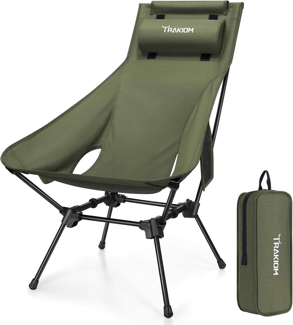 Trakiom High Back Camping Chair with Head/Neck Support Widened Seat, Green