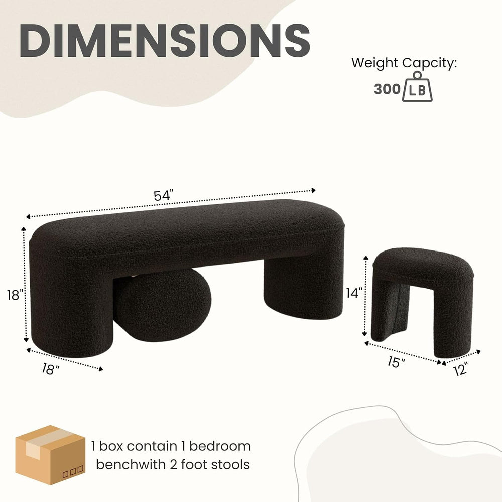53" Sherpa Nesting Ottoman Bench Set, Black