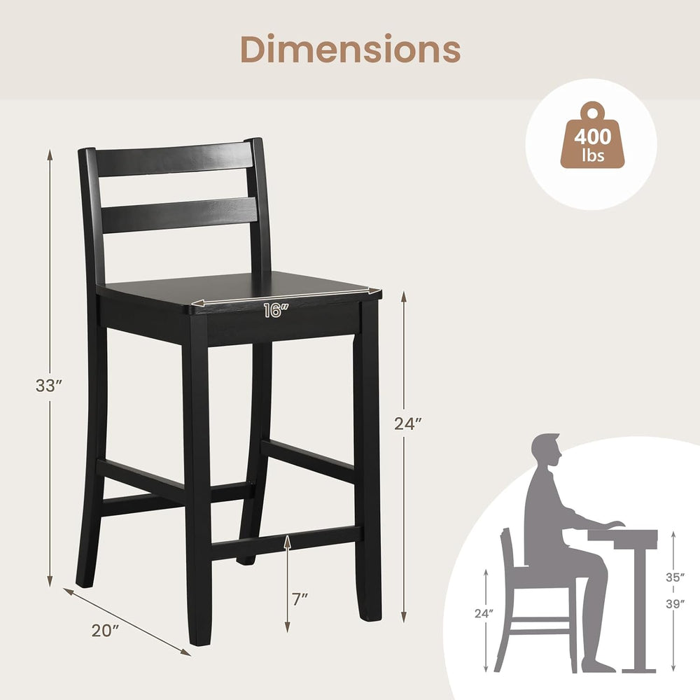COSTWAY 24-Inch Wooden Counter Height Bar Stools Set of 2 with Low Backrest