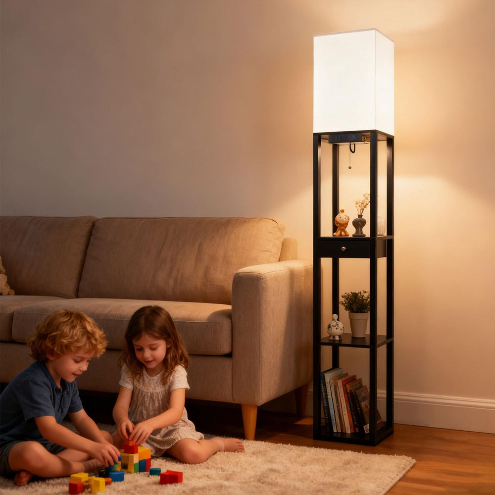 Shelf Floor Lamp with 1 Drawer,2 USB-C Ports,1 AC Outlets, Modern Wood Floor ...