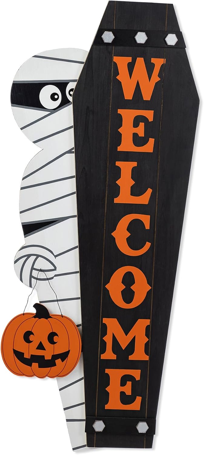 Glitzhome 38"H & 42"H Halloween Wood Mummy & Welcome Coffin Porch Decor, Solid Wood Halloween WELCOME Signs, Vertical Hang or Free-standing Yard Sign for Front Door Farmhouse Spooky Outdoor