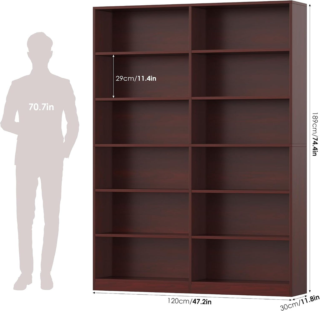 facbotall bookshelf and bookcase, 6-tier double wide bookshelves,freestanding, close-up detail