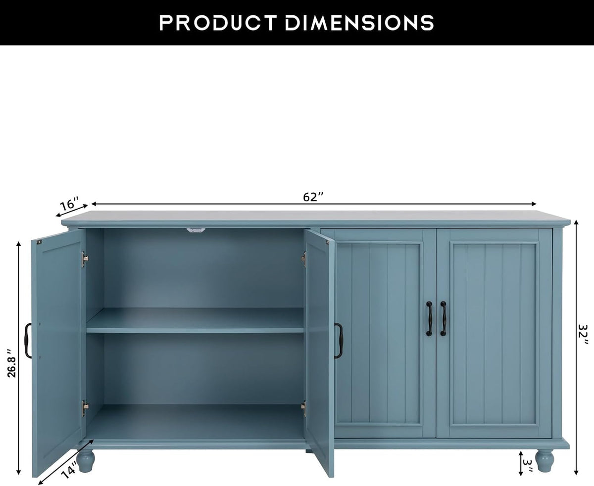 Sideboard Buffet Cabinet with 4 Doors, Vintage Coffee Bar Station, Blue