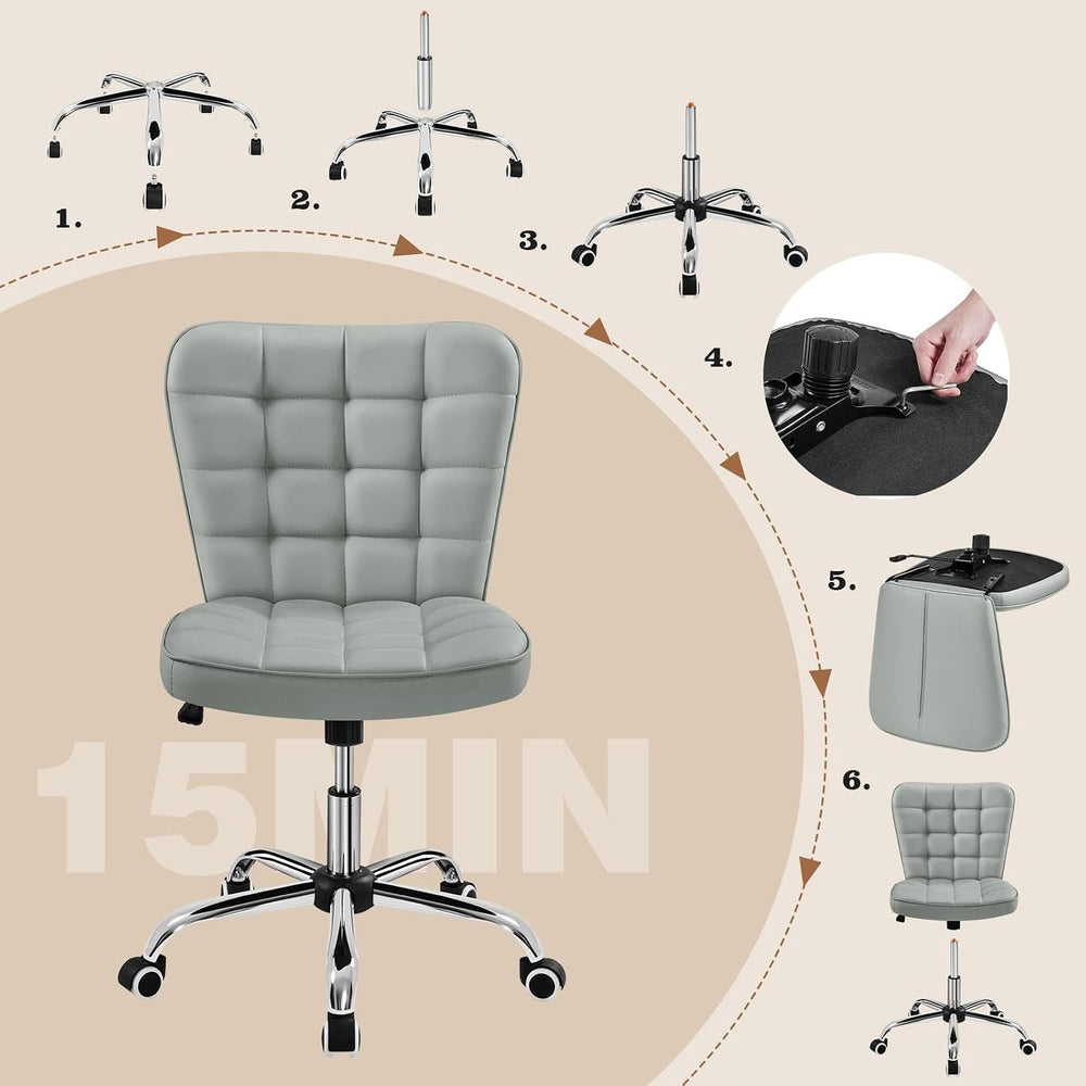 Yaheetech Light Gray Tufted Armless Desk Chair with Wheels, Faux Leather