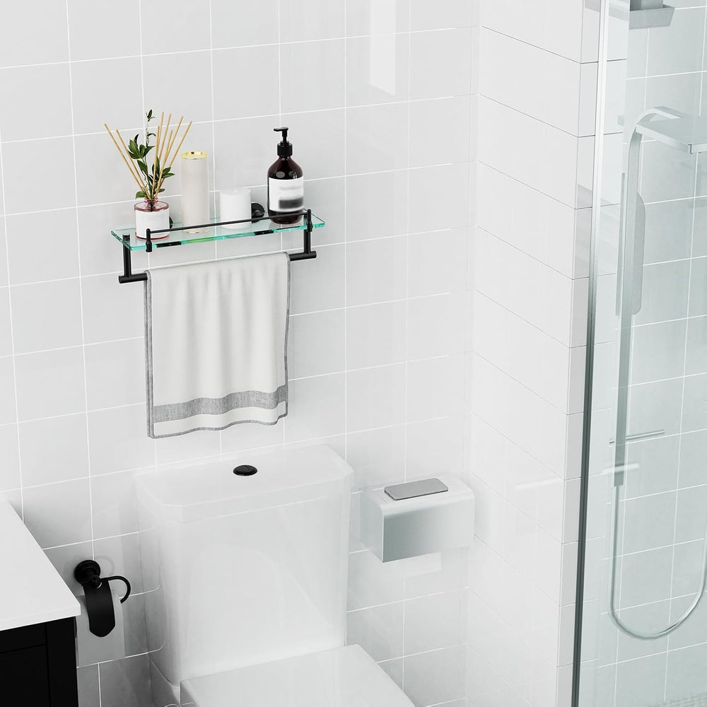 Bathroom Towel Rack with Tempered Glass Shelf 16 Inch, Matte Black Floating W...