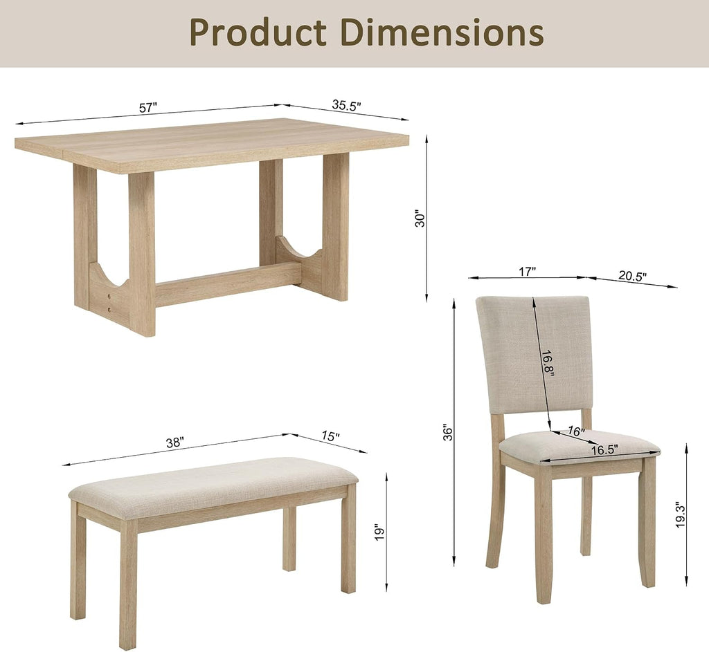 Merax Farmhouse Rectangular Dining Table with U-Shaped Base, 4 Upholstered Chairs and Bench for Kitchen Living Room, Light Oak+Beige (6 Piece)