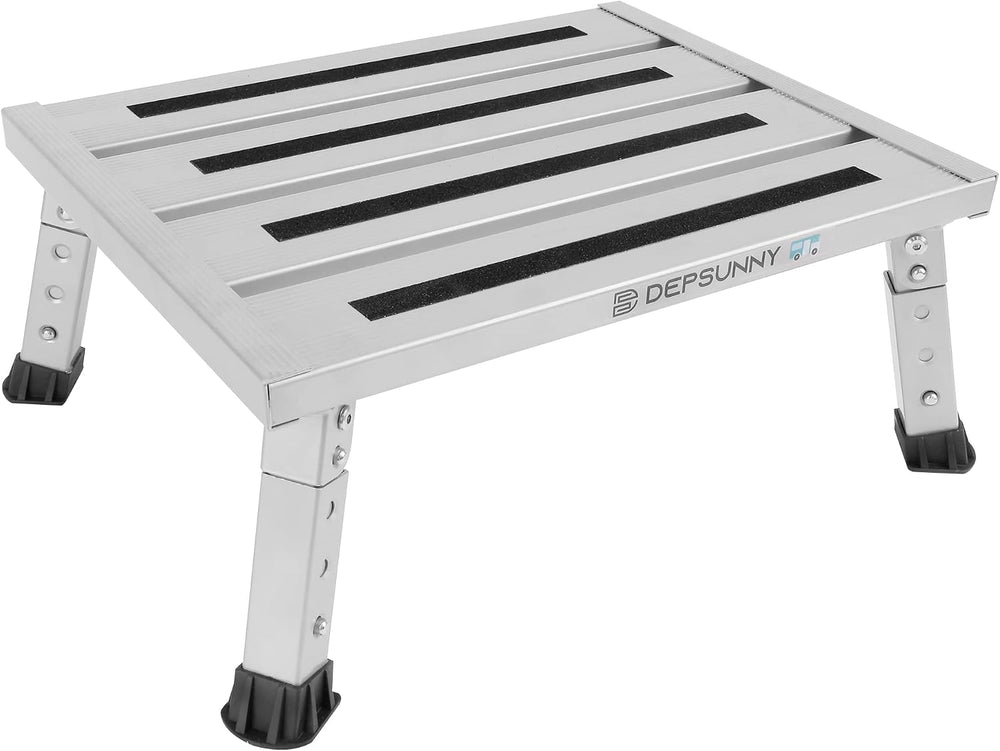 Adjustable RV Step Stool, Wide Platform, Foldable Legs, Silver