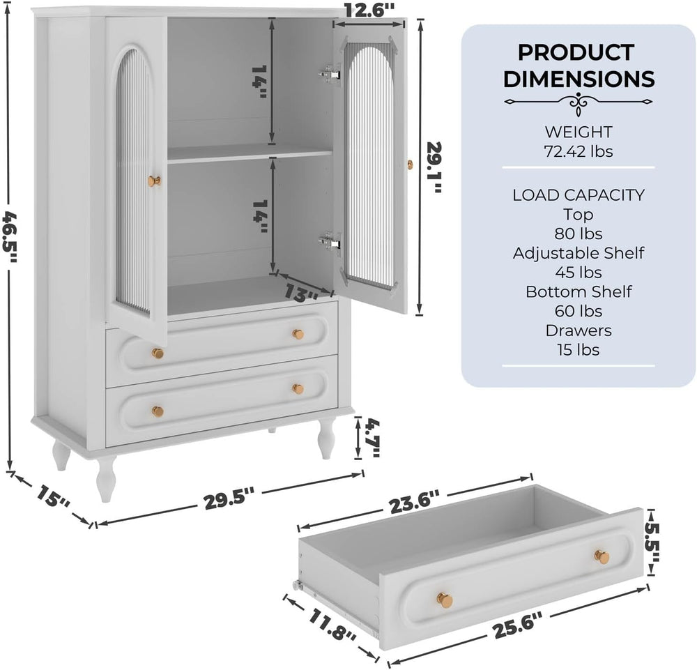 46.5'' Tall Accent Cabinet with Arched Doors,Fluted Glass Cabinet,White