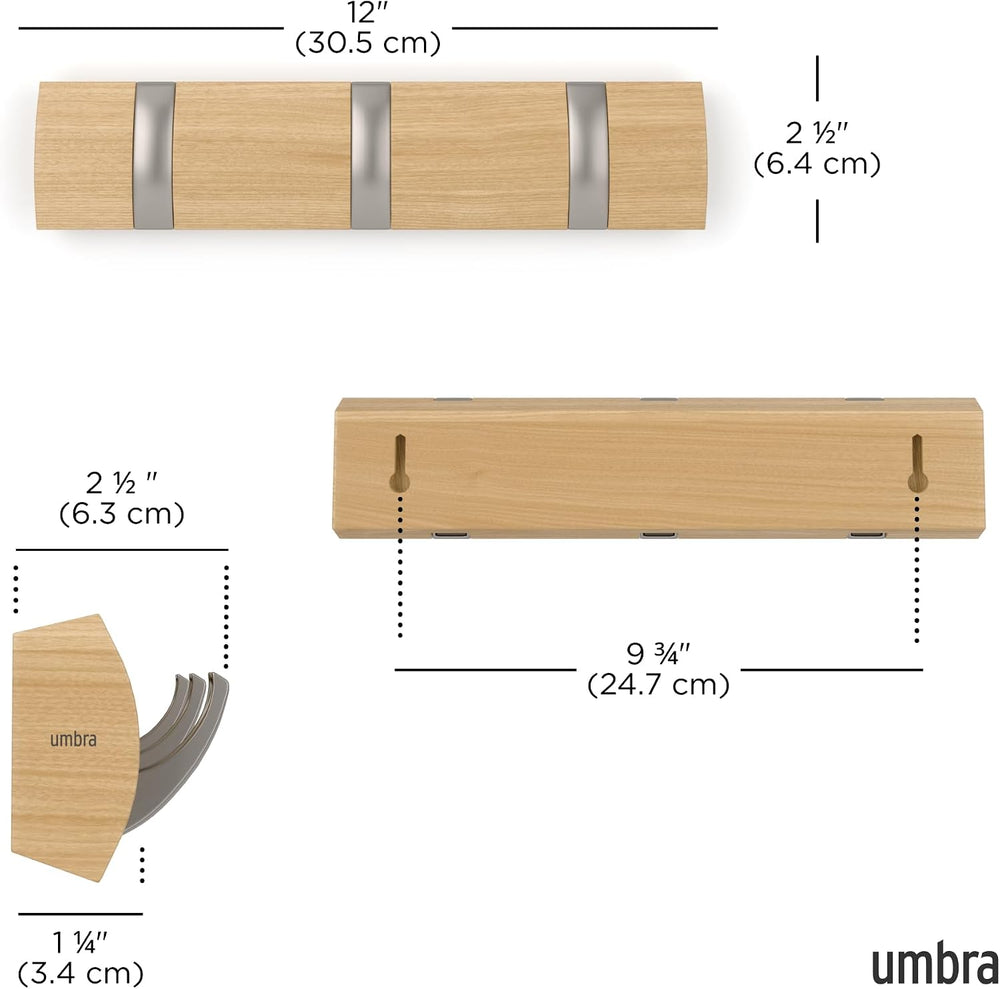Umbra Flip Coat Rack, Wall Mount Retractable Hooks, 3-Hook, Natural/Nickel