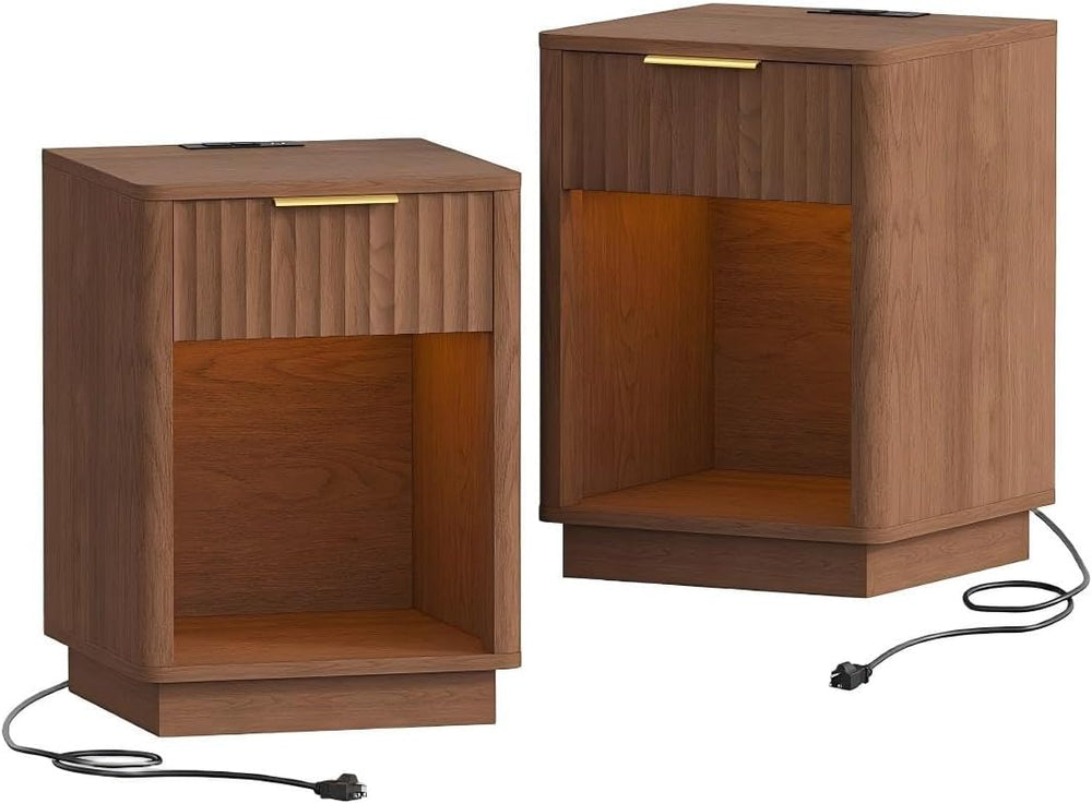 Akxomel Fluted Nightstand Set 2 Bedside Table with Charging Station Walnut
