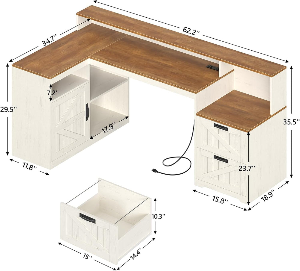63" Farmhouse L Shaped Desk with Drawers and Printer Stand for Home Office