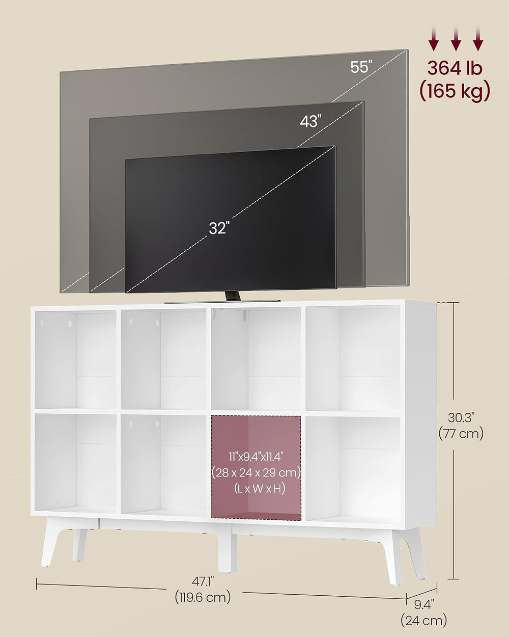 VASAGLE Mid-Century Modern 8-Cube Bookshelf, 47.1 x 9.4 x 30.3 Inch