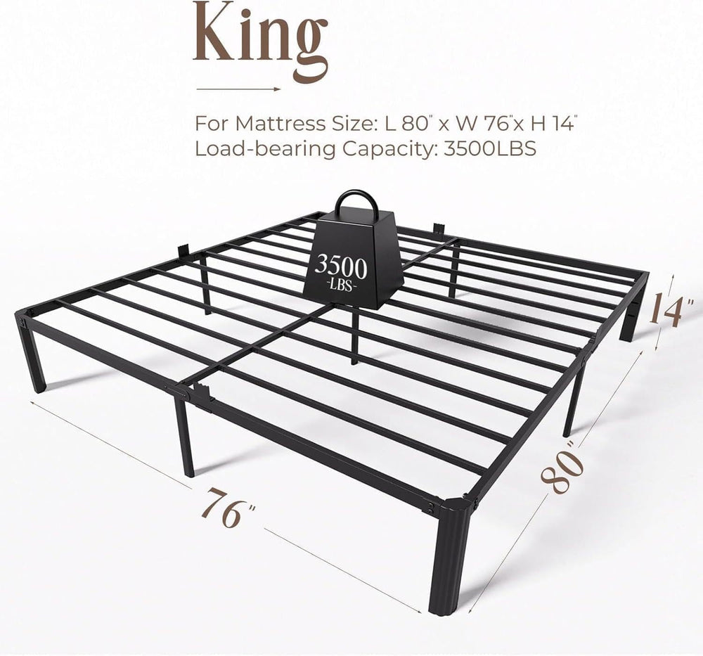 King Metal Bed Frame 14 Inch, Heavy Duty Platform, No Box Spring Needed